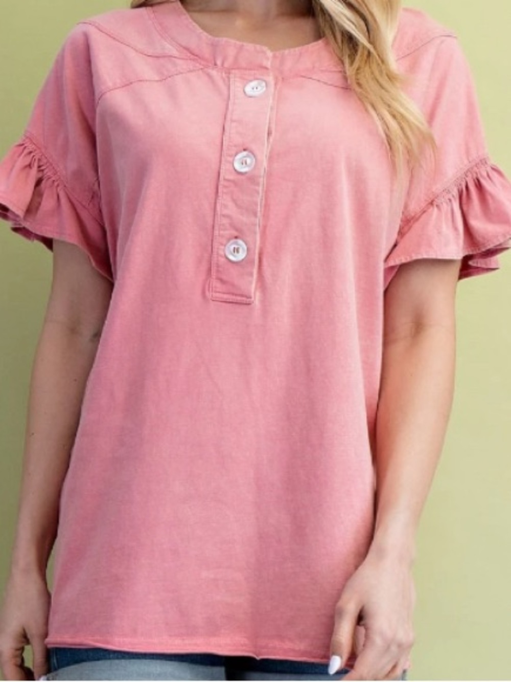 NWT Gigio Casual Pink Ruffle-Sleeve Button Front Women's Top